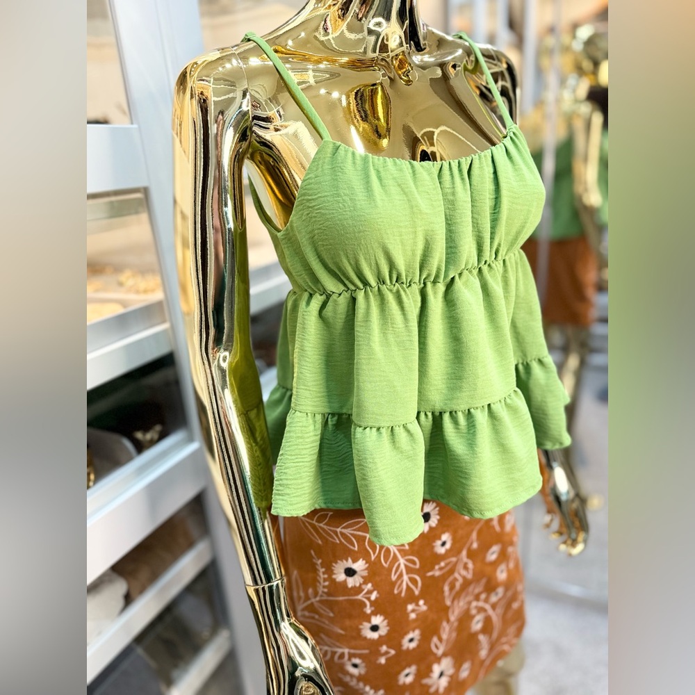Originality Green Tiered Ruffle Bubble Tank Top With Tie Open Back Women Size S